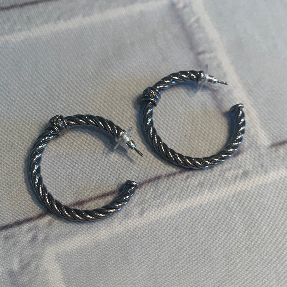 David Yurman Metro Cable Silver Diamond Hoop Earrings